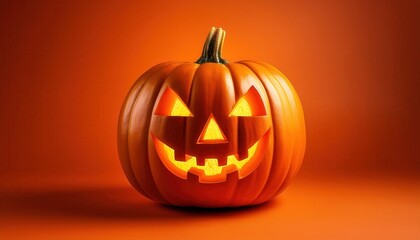 Glowing Jack-o'-Lantern with Carved Grinning Face Illuminates Against Vibrant Orange Background, Perfect Symbol of Halloween Festivities, Spooky Season, and Autumnal Celebrations
