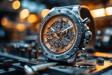 Elegance in Motion: Swiss Watchmaker's Workshop with Intricate Gears and Tools