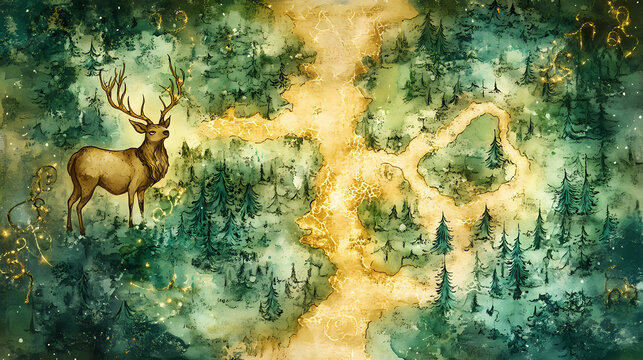 Enchanted forest map in watercolor, detailing paths that wind through lands guarded by giants and mystical deer with glowing antlers,. Elven Kingdom. Illustration