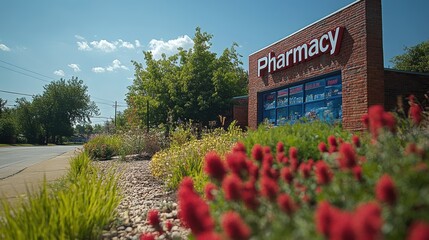 A beautiful sunny day showcasing a neighborhood pharmacy building with vibrant landscaping and colorful flowers in full bloom in front of it
