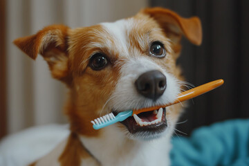 A dog is holding a toothbrush in its mouth. The dog appears to be happy and playful