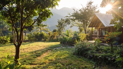 Obraz premium Morning light filters through trees, casting a serene glow on a quaint garden and cottage, surrounded by lush mountains and vibrant vegetation.