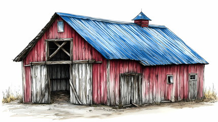 Naklejka premium A Watercolor Illustration of a Red Barn with a Blue Roof and Weathered Wood