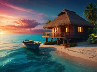 Fototapeta premium Experience the Serenity of a Tropical Beachfront Bungalow at Stunning Sunset Hours