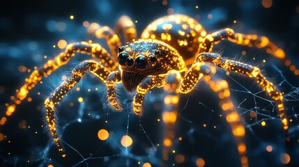 Abstract illustration of a spider s nervous system with glowing neural nodes, Arachnid Nervous System, control and coordination in invertebrates