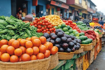 Vibrant Street Market in Lagos, Nigeria: Colorful Fabrics, Fresh Produce, and Busy Atmosphere under Harsh Noon Sunlight Captured with Nikon Z7 II and 50mm Lens