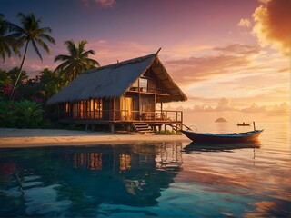 Fototapeta premium Experience the Serenity of a Tropical Beachfront Bungalow at Stunning Sunset Hours