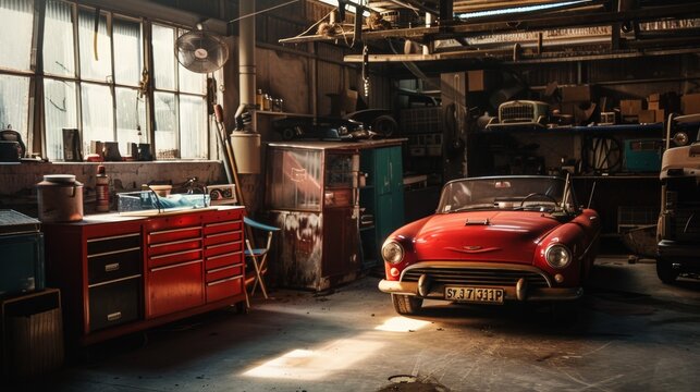 Fototapeta A red vintage car is parked in a cozy, dimly-lit garage, oozing charm and history amidst its surroundings.