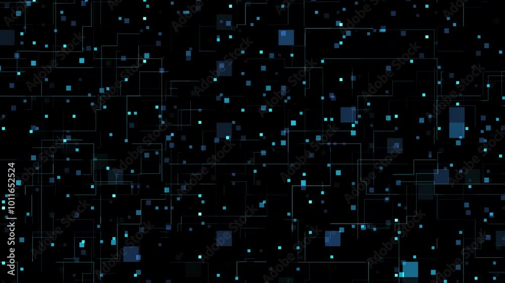 Poster 4k digital landscape with glowing colorful cubes moving in 3d space. dark tech background with rando