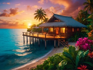 Fototapeta premium Experience the Serenity of a Tropical Beachfront Bungalow at Stunning Sunset Hours