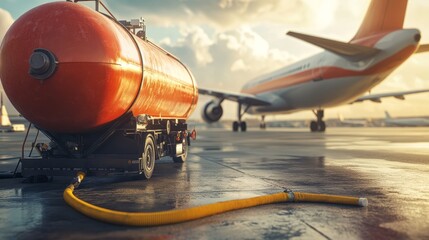 A bright orange fuel tank stands ready on the tarmac as an airplane prepares for departure, bathed in the warm glow of sunset