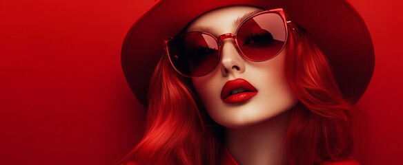 Obraz premium A stunning woman with red lips and hair dons stylish red sunglasses and a hat, showcasing elegance and charisma in a vivid red setting