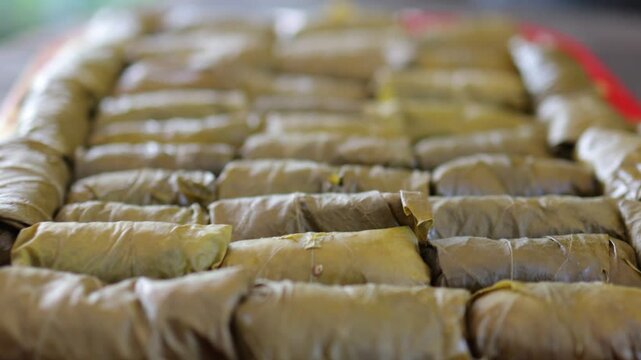 People cook dolma food.
Grape leaves stuffed with minced meat.