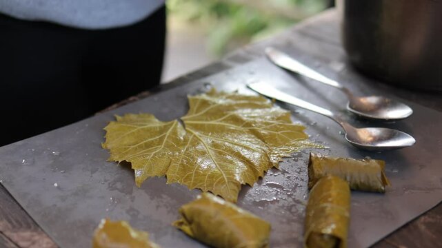 People cook dolma food.
Grape leaves stuffed with minced meat.
