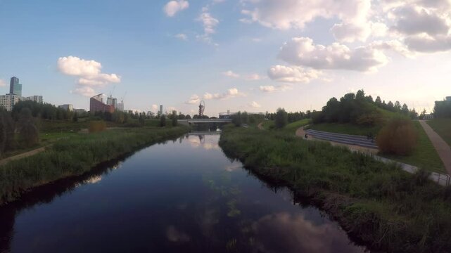 Sunset over Queen Elizabet Olympic Park River Low Altitude