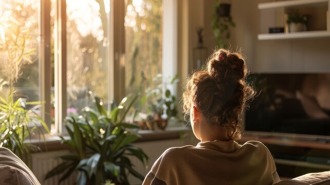 A woman with a natural hairstyle sits in a warmly lit room, gazing out the window, surrounded by plants and personal items, evoking a sense of comfort and introspection.
