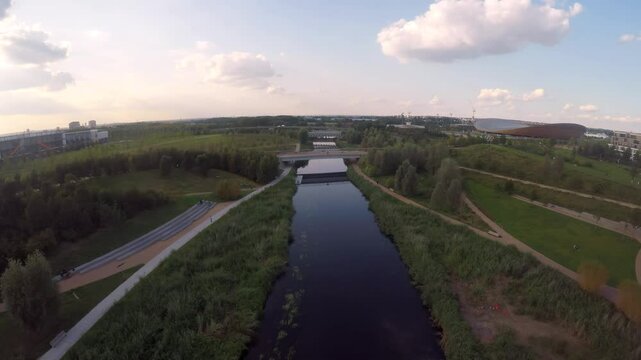Sunset over Queen Elizabet Olympic Park River Reverse