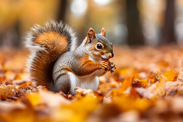 Adorable Squirrel Gathering Nuts Amidst Autumn Leaves in Vibrant Fall Colors