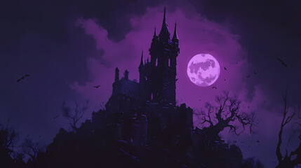 Obraz premium Halloween night background with witch silhouette. Dark Wizard's Tower. Illustration