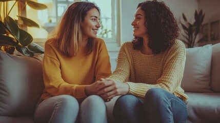Two women friends sitting together in a cozy living room, holding hands, soft natural light,   ideal for friendship, support, and emotional connection themes.
