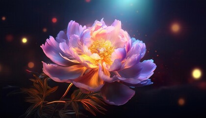 Fototapeta premium Radiant Peony in Bloom. Surreal Floral Close-up Bathed in Luminous Pink, Purple, and Gold Hues Against a Dark Background with Soft Bokeh Lighting, Highlighting Delicate Petals and Golden Center