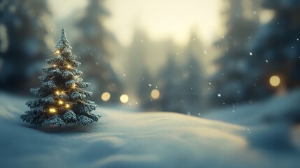 Christmas Tree in Snowy Forest Landscape with Lights