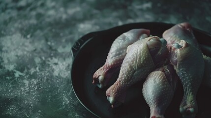 A moody assortment of raw chicken drumsticks lies on a dark plate, waiting to be cooked in a dramatic culinary scene.
