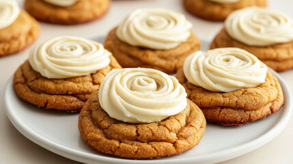 Fototapeta premium Decoratively frosted pumpkin cookies arranged on a white plate, showcasing intricate rose-shaped icing and soft golden textures
