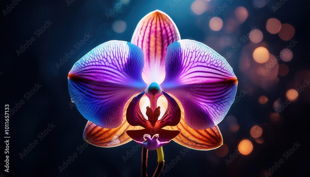 Poster Vibrant Macro Close-Up of a Colorful Orchid Flower with Intricate Veins and Radiant Petals, Illuminated by a Soft Bokeh Light Effect in a Deep Blue Background