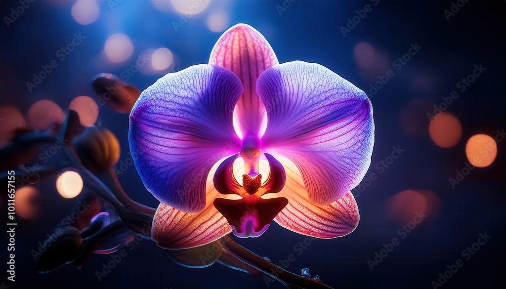 Poster Vibrant Macro Close-Up of a Colorful Orchid Flower with Intricate Veins and Radiant Petals, Illuminated by a Soft Bokeh Light Effect in a Deep Blue Background