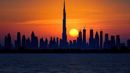 Obraz premium Majestic Dubai Skyline at Sunset - Cityscape of Modern Skyscrapers in Golden Desert Light Captured with Fujifilm GFX 100S and Wide Angle Lens