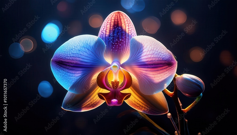 Poster Vibrant Macro Close-Up of a Colorful Orchid Flower with Intricate Veins and Radiant Petals, Illuminated by a Soft Bokeh Light Effect in a Deep Blue Background