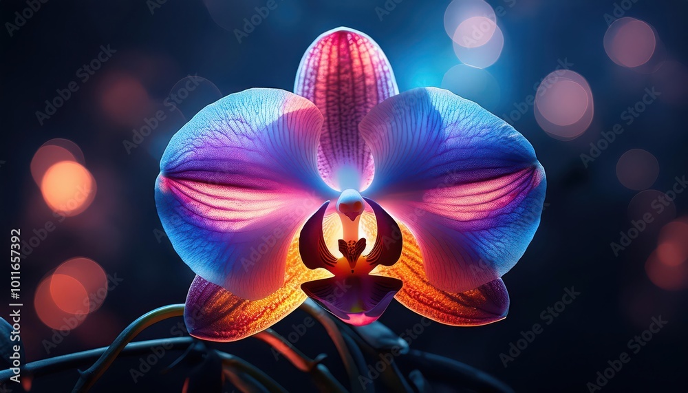 Poster Vibrant Macro Close-Up of a Colorful Orchid Flower with Intricate Veins and Radiant Petals, Illuminated by a Soft Bokeh Light Effect in a Deep Blue Background