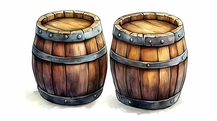 Watercolor Illustration of Two Wooden Barrels with Metal Bands on a White Background