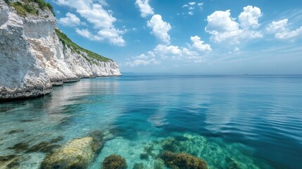 Fototapeta premium A beautiful, tranquil sea beneath the European coastline, no fish in sight, with space for writing.