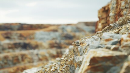 A rugged quarry with stratified rock layers stretches into the distance under overcast skies, highlighting the raw beauty of nature's formations.