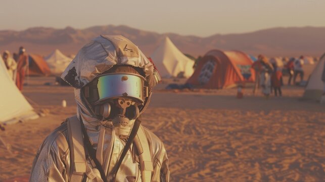 A person in a reflective suit and helmet stands against a backdrop of desert tents, looking towards the mountains at dusk.