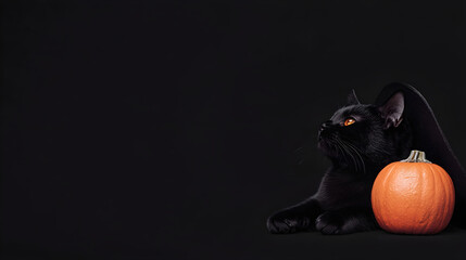 Black British cat with pumpkin on black background. Halloween witch kitten with bat wings. Masquerade party. Festive carnival. Concept of spooky decoration, pet costumes. Banner with copy space.