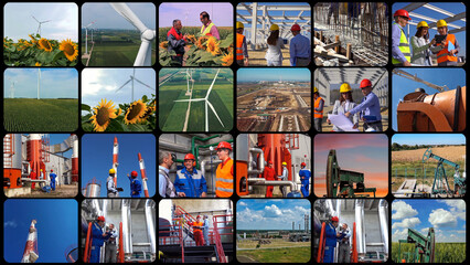 Obraz premium Industrial Production, Development and Growth - Photo Collage. Oil and Gas Industry. Construction Industry. Wind Farm. Workers Of Different Professions At Work. Workforce Productivity.