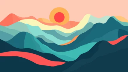 Selbstklebende Fototapeten Minimalist Abstract Mountain Landscape with Sunrise, Multicolored Layered Hills Vector Art for Nature and Travel Themes © Perfect Vector