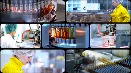 Ampoule Medications and Vaccine Manufacturing - Photo Collage. Medical Ampoules on the Production Line. Pharmaceutical Production Line Workers at Work. The Development of New Medicines.