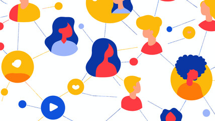 Colorful Social Network Connections Vector Illustration Showing Profile Avatars Linked by Digital Communication Icons Conceptualizing Online Media Engagement and Community