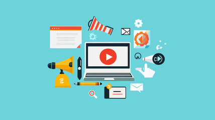 Flat Vector Online Video Marketing Concept with Laptop, Megaphone, and Multimedia Icons for Business Advertising Content