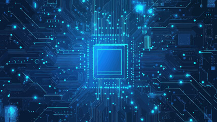 Futuristic AI Circuit Board with Processor and Semiconductor, Connected Tech Lines, Minimalist Blue Digital Motherboard Abstract Background