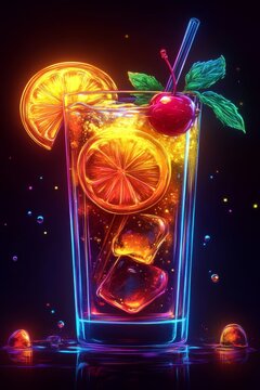 Brillante ilustraci&oacute;n de un c&oacute;ctel en vaso alto, iluminado en tonos ne&oacute;n de naranja y rojo, decorado con una cereza y rodaja de naranja, rodeado de efectos luminosos.