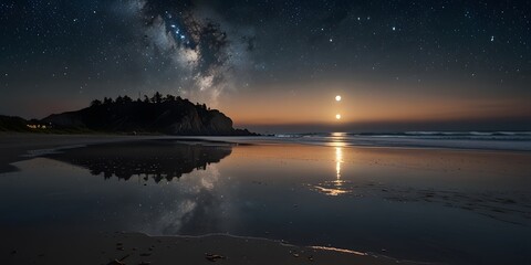 Moonrise Over a Tranquil Beach with Gentle Waves and Reflections on the Water &ndash; Perfect for Nature Lovers, Coastal Landscapes, and Night Sky Enthusiasts Capturing a Serene Moment.
