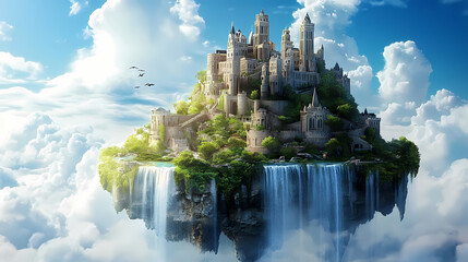 Fototapeta premium Floating city, castle in the sky, heaven, cascading waterfall, fantasy land, paradise. Floating Castle. Illustration