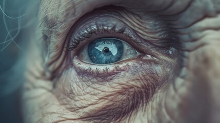 Fototapeta premium Piercing blue eye of an elderly person, surrounded by deep wrinkles, conveying stories of experience and wisdom with intense detail.