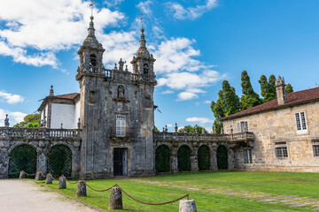 Fototapeta premium Tower of the church of the medieval complex of the Pazo de Oca in the province of Pontevedra, Galicia.