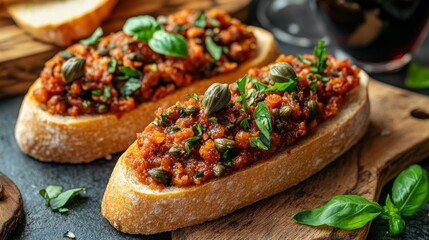 Dos bruschettas crujientes cubiertas con una rica salsa de tomate, alcaparras y albahaca fresca. Una opción deliciosa y aromática para un aperitivo mediterráneo.